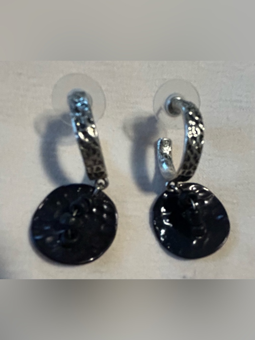 Silver Hoop Earrings with Black Button Charms